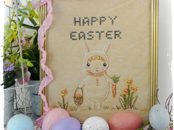 Happy Easter, Hoppin down the bunny trail embroidery pattern #354 stitchery