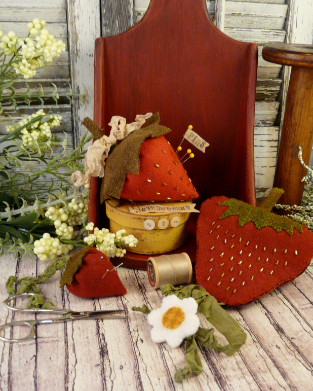 Strawberry pincushion, needlecase, and scissors fob pattern #330