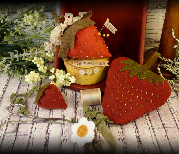 Strawberry pincushion, needlecase, and scissors fob pattern #330