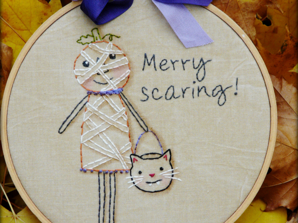 Halloween Merry scaring embroidery Pattern  - pumpkin cat primitive stitchery se