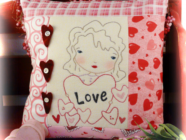 Love...Be mine embroidery pattern, #348 girl hearts pillow