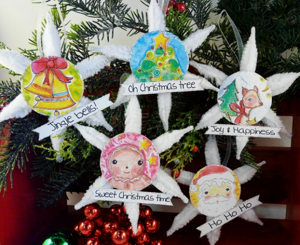 Vintage Christmas ornaments and banner pattern #345. gingerbread man tree deer