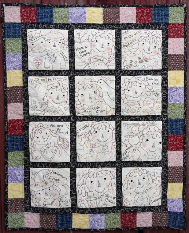 Raggedy Gals embroidery big Quilt pattern 12 months