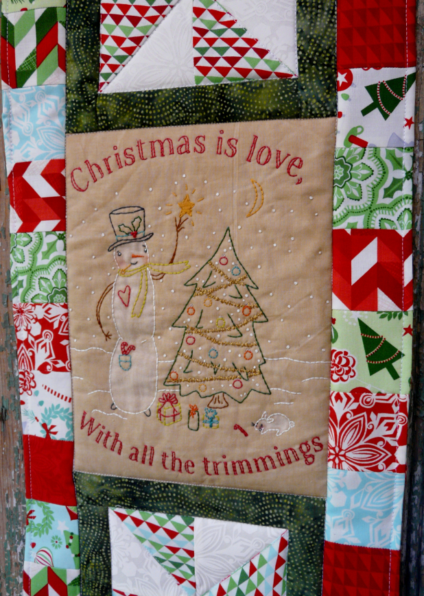 Snowman trimming tree embroidery quilt pattern