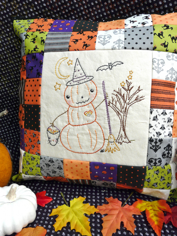 Halloween pumpkin man witch embroidery patchwork pillow pattern