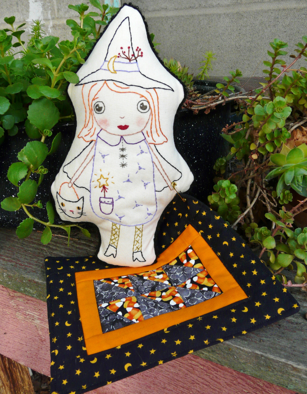 good witch embroidery doll with mini quilt pattern