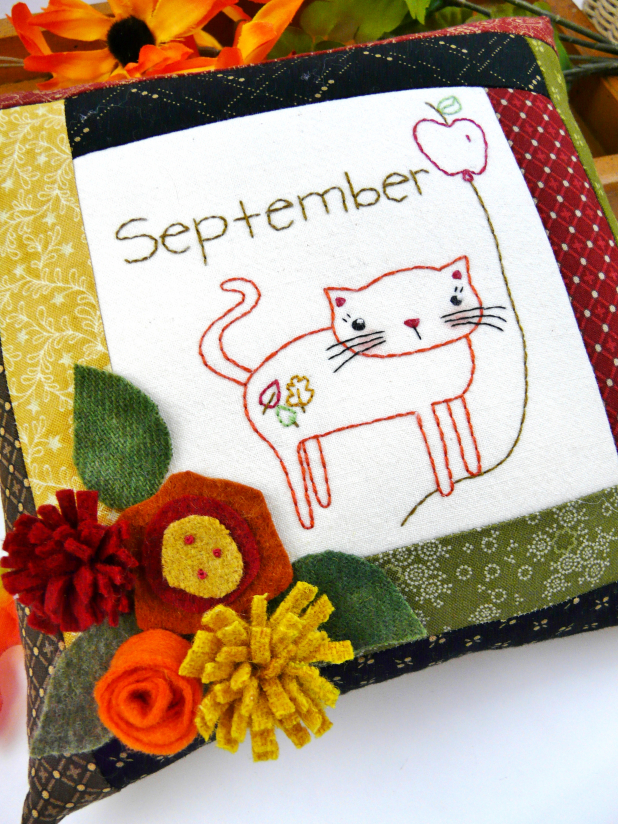 kitty cat september wool flowers apple leaves pillow pattern