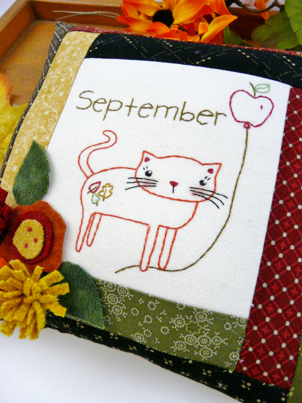 kitty cat september wool flowers apple leaves pillow pattern