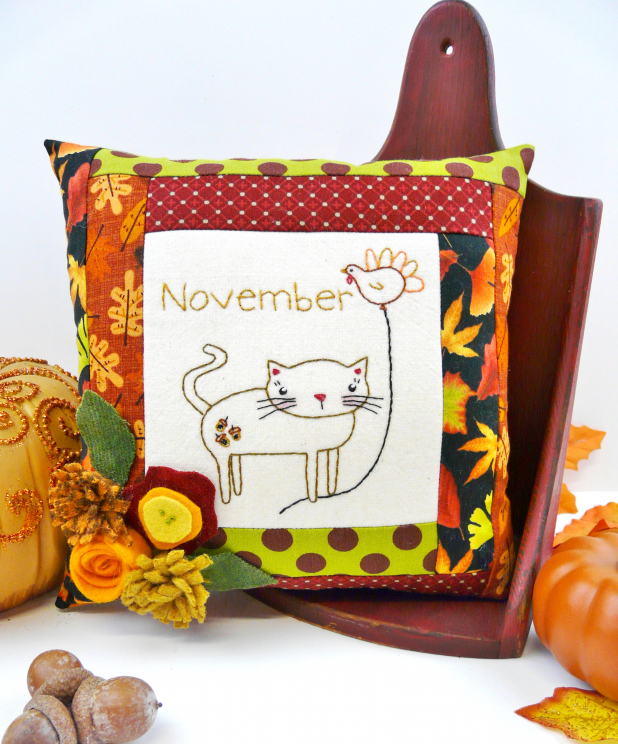 kitty cat balloon month november pillow embroidery pattern