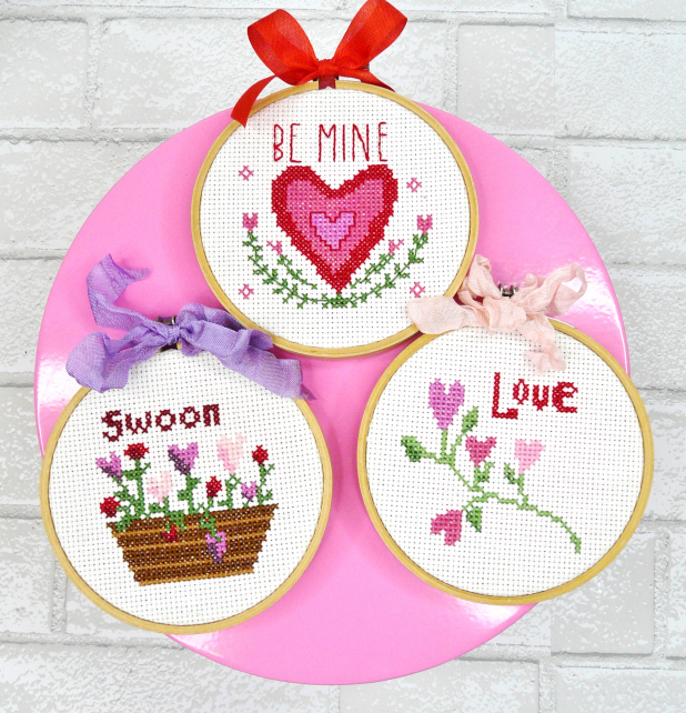 Valentine cross stitch 6 Pattern -  set hoop stitchery embroidery 448