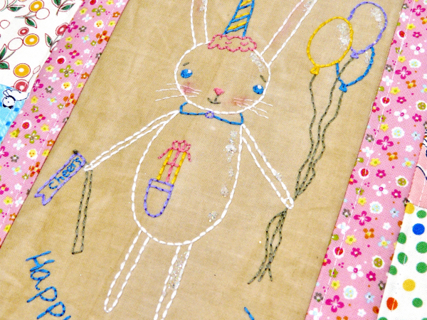 Happy Birthday Bunny embroidery quilt Pattern PDF - rabbit balloons gift hat han