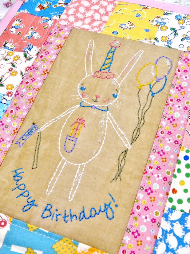 Happy Birthday Bunny embroidery quilt Pattern PDF - rabbit balloons gift hat han