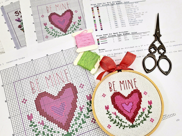Valentine cross stitch 6 Pattern -  set hoop stitchery embroidery 448