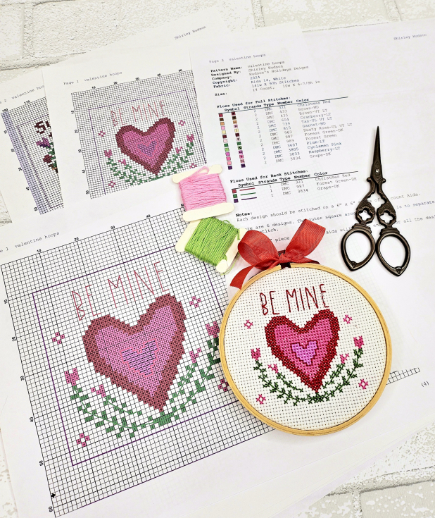 Valentine cross stitch 6 Pattern -  set hoop stitchery embroidery 448