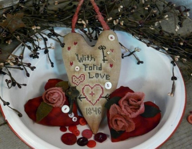WITH FOND LOVE VALENTINE cross-stitch hearts Pattern