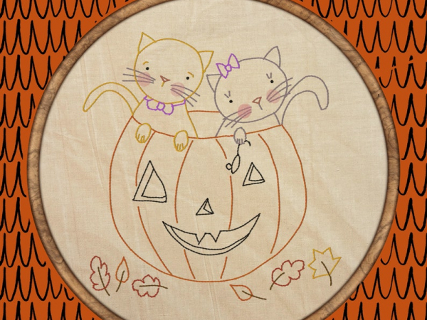 Boo-tiful Halloween kitty cat couple Stitchery Pattern - embroidery design p