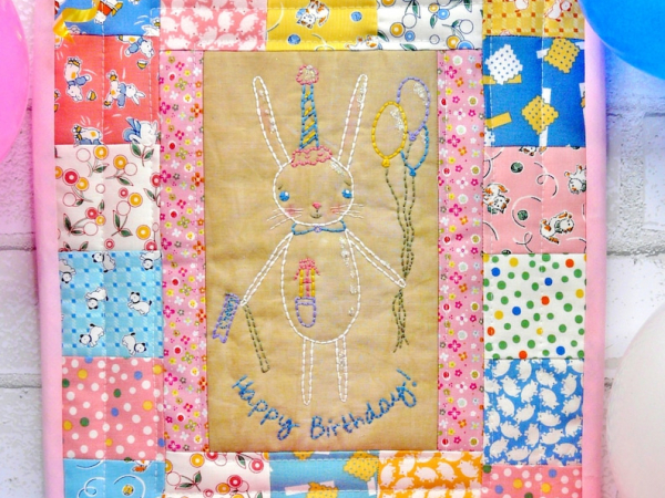 Happy Birthday Bunny embroidery quilt Pattern PDF - rabbit balloons gift hat han