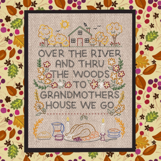 Thanksgiving Day Sampler Embroidery Pattern - faux cross stitch 445 design turke