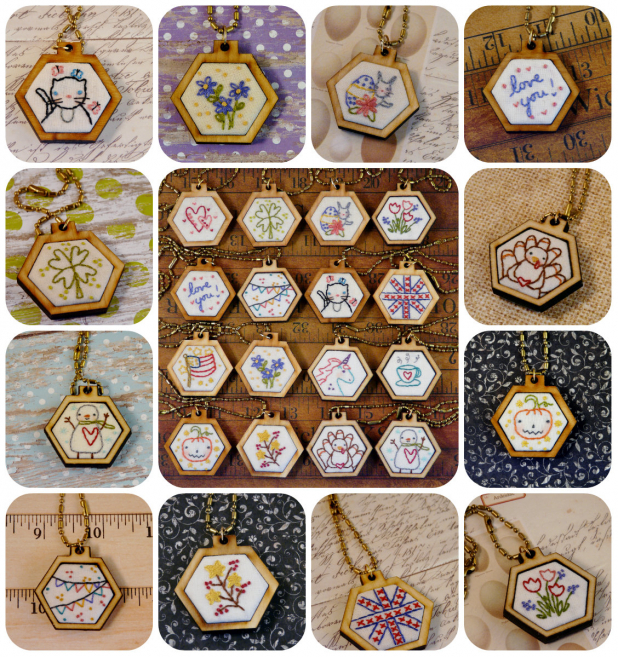 mini hexie embroidery pendant designs