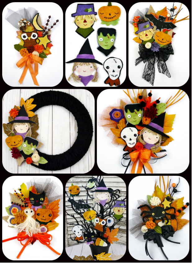 Halloween wool wreath, ornaments and corsage pattern