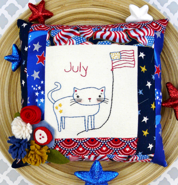 patriotic cat flag embroidery pattern with felt flowers