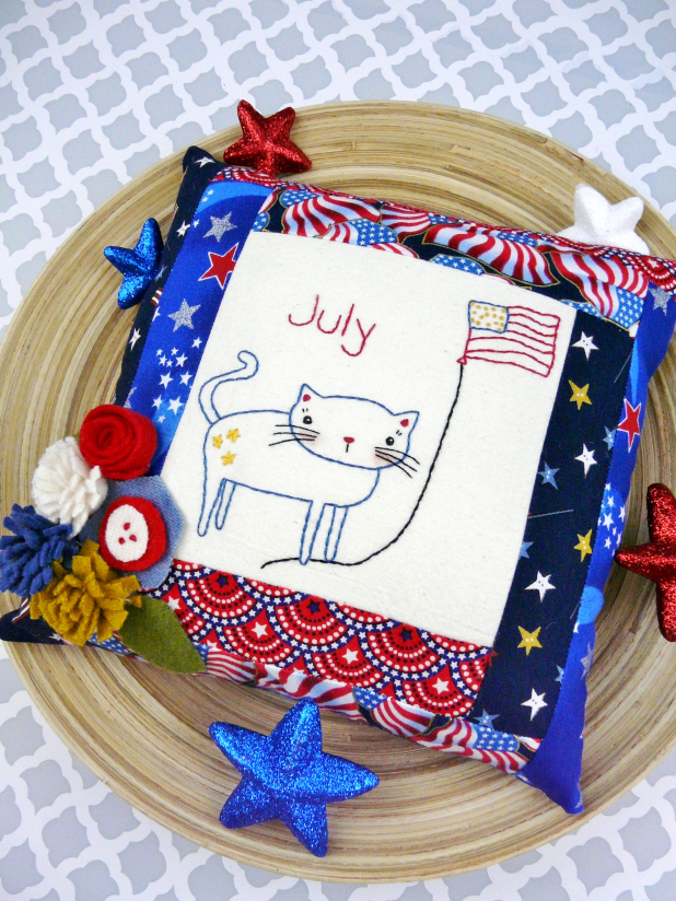 patriotic cat flag embroidery pattern with felt flowers