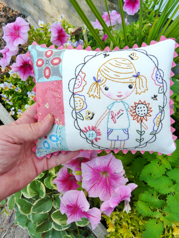 fun girl in the garden embroidery pillow pattern
