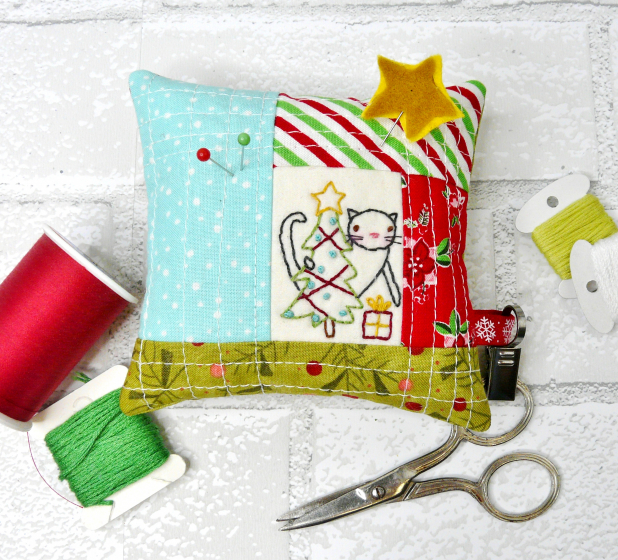 Christmas pincushions cat hand embroidery & fabric pattern