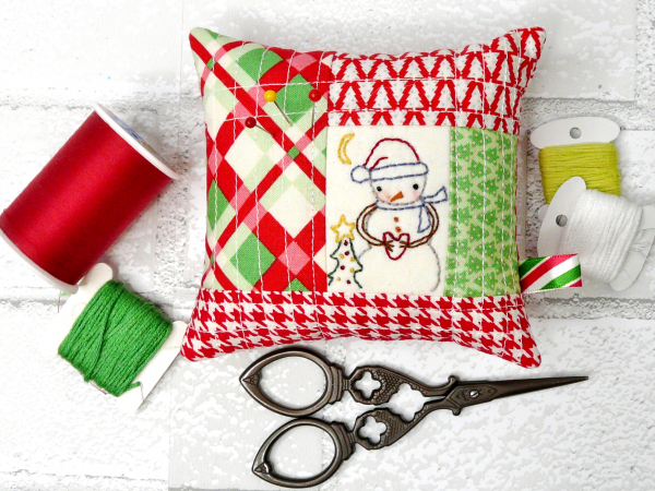 Christmas pincushions snowman hand embroidery & fabric pattern