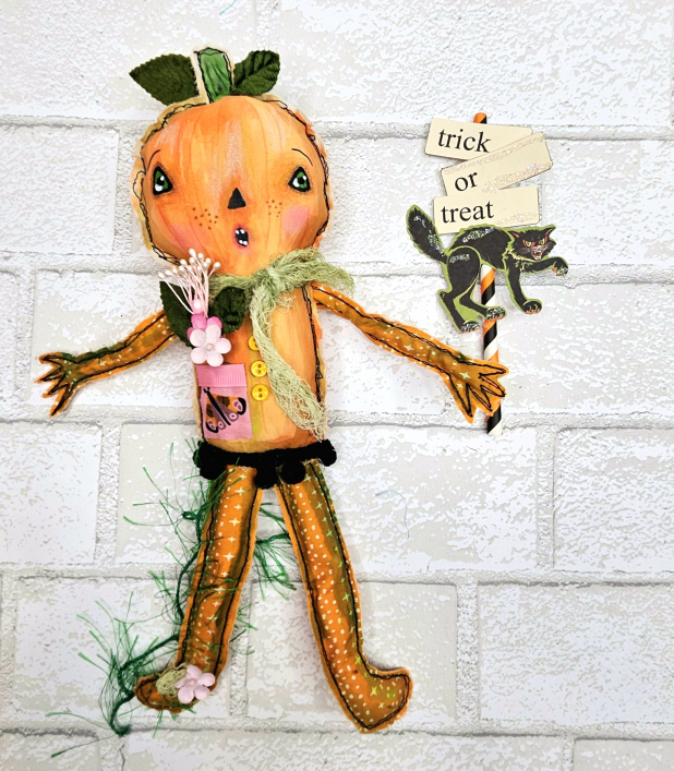 spooky pumpkin art doll muslin painted ooak collectable