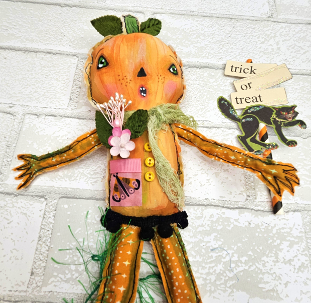 spooky pumpkin art doll muslin painted ooak collectable