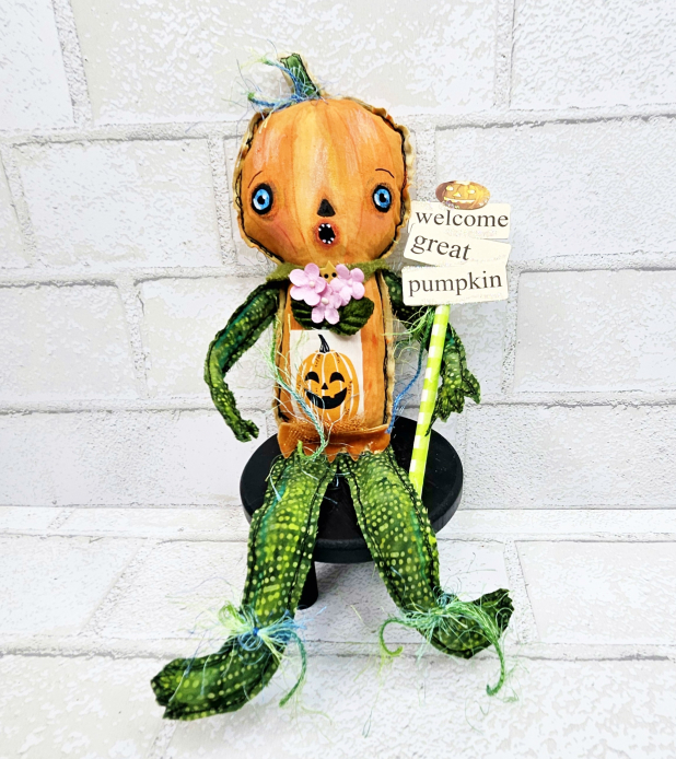scary pumpkin art doll muslin painted ooak collectable