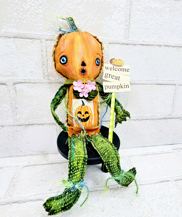 scary pumpkin art doll muslin painted ooak collectable