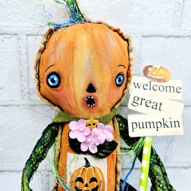 scary pumpkin art doll muslin painted ooak collectable