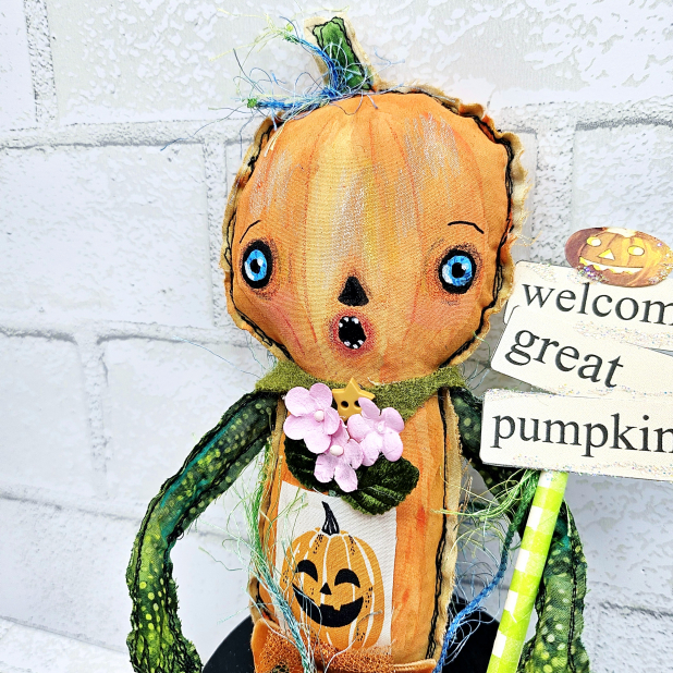 scary pumpkin art doll muslin painted ooak collectable