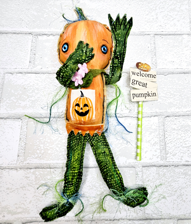 scary pumpkin art doll muslin painted ooak collectable