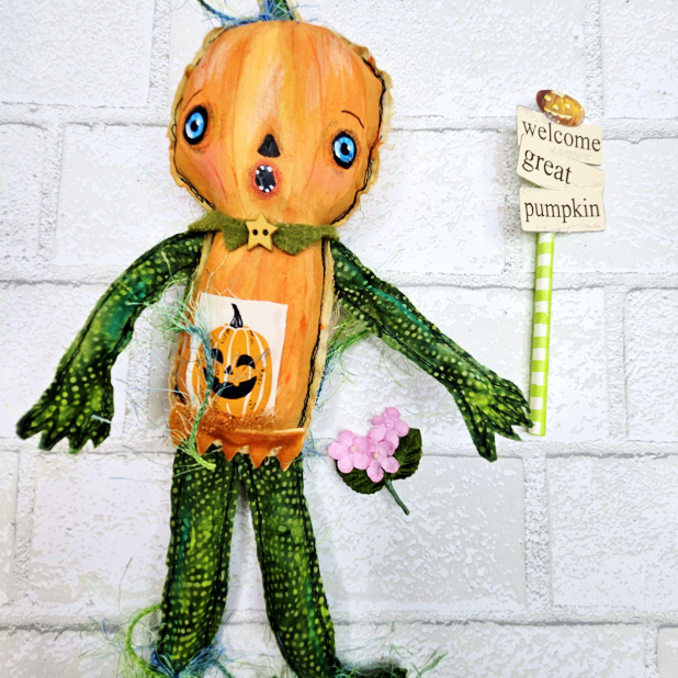 scary pumpkin art doll muslin painted ooak collectable
