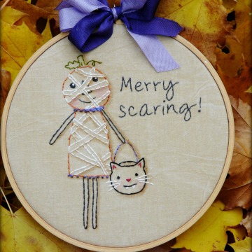 Halloween Merry scaring embroidery Pattern  - pumpkin cat primitive stitchery se