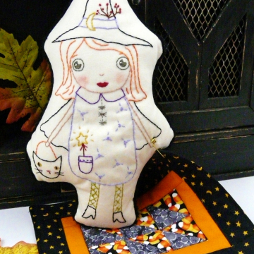 good witch embroidery doll with mini quilt pattern