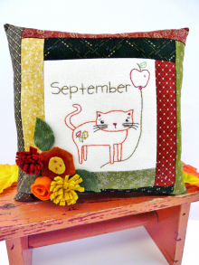kitty cat september wool flowers apple leaves pillow pattern