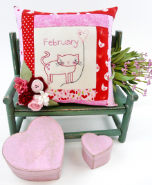 February Kitty Cat Embroidery pillow pattern #403 valentine hand embroidery quilted felt flower pattern