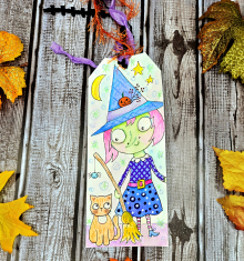 Witch & kitty Cat Halloween original art tag