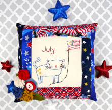 July Kitty Cat Embroidery pillow pattern #413 patriotic cat flag embroidery pattern with felt flowers
