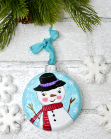Christmas snowman Art ornament - collectible hand painted circle OOAK ornie frosty Frosty the snowman ornie