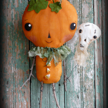 Cutest pumpkin in the patch- Prim pumpkin doll and skull balloon pattern- #335