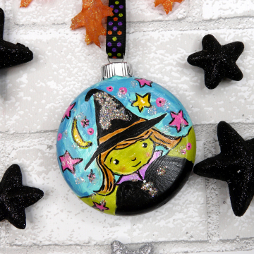 Halloween Witch ornament - moons & stars on Blue - Hag saying